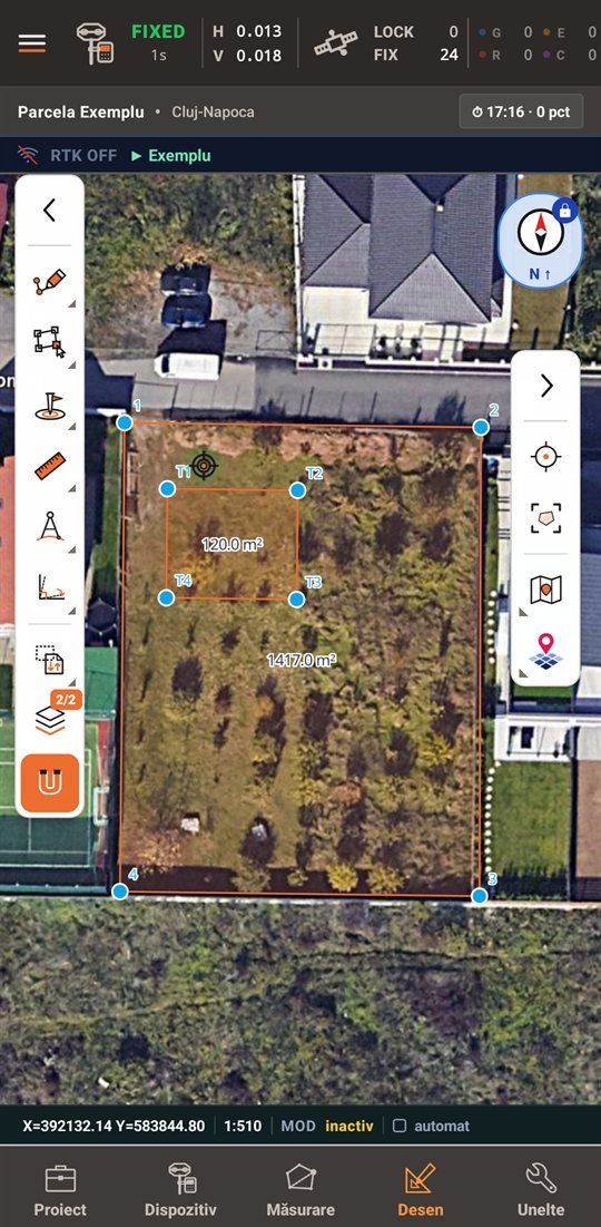 SicSat Field: desenul unei parcele de 1417 m² cu casa de 120 m², pe harta satelitară