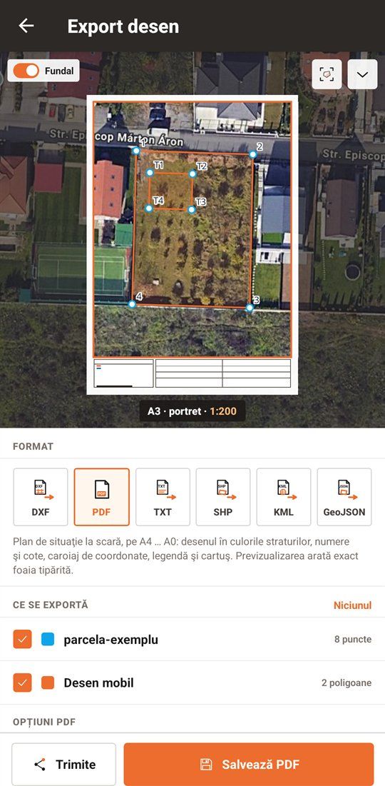 Previzualizarea planului de situație PDF în SicSat Field