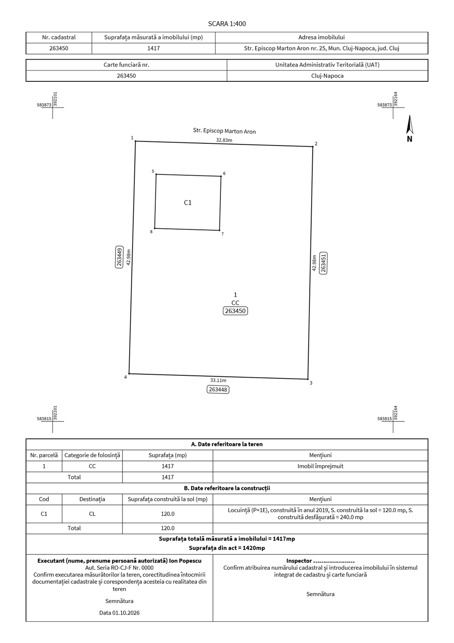 Plan de amplasament și delimitare (PAD) generat în SicSat Field, cu parcela, casa C1 și tabelele A și B