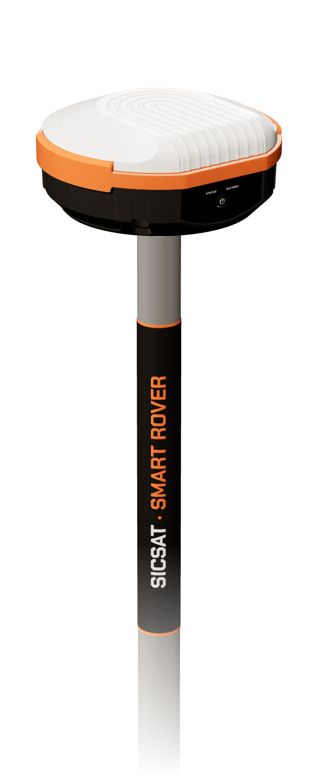 SicSat Smart Rover: antena ArduSimple RTK Smart Antenna cu inelul portocaliu SicSat, pe jalon